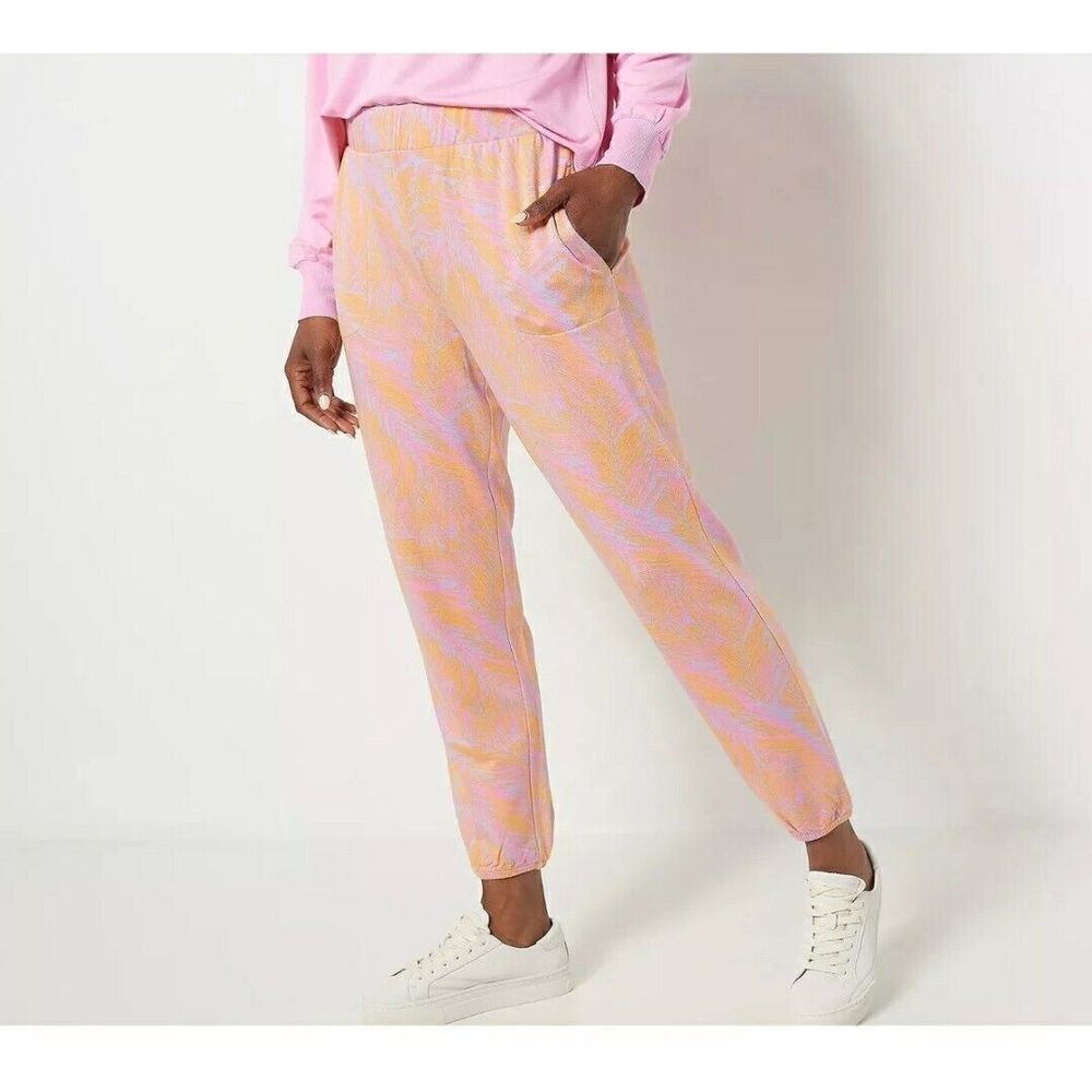 Candace Cameron Bure Malibu Lounge‎ Petite Printed Jogger Pink Palm Size Large